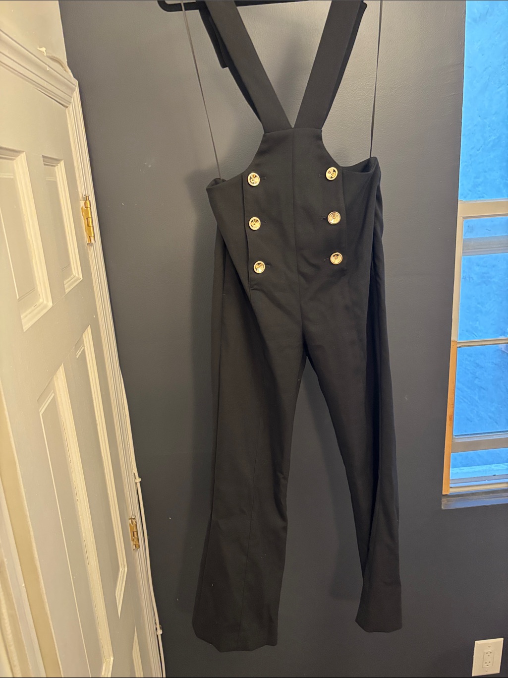 Reiss Black Suspender Jumpsuit With Gold Buttons